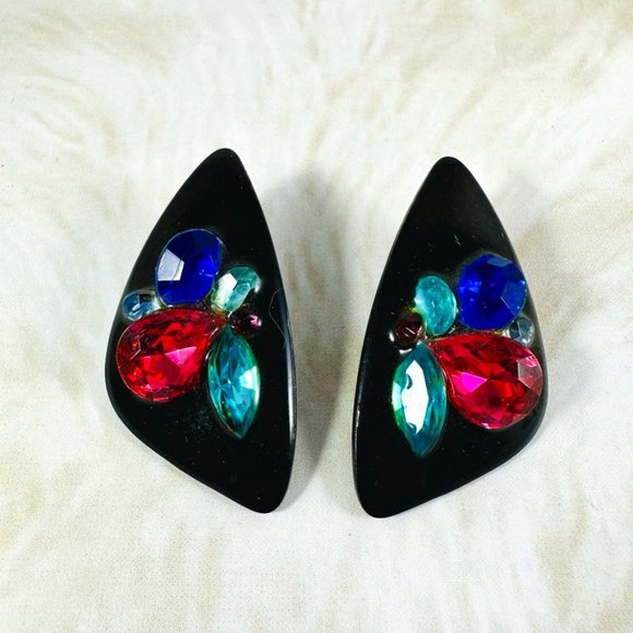 WOW! Vintage 80s rhinestone encrusted clip on statement earrings RARE - Picture 1 of 4